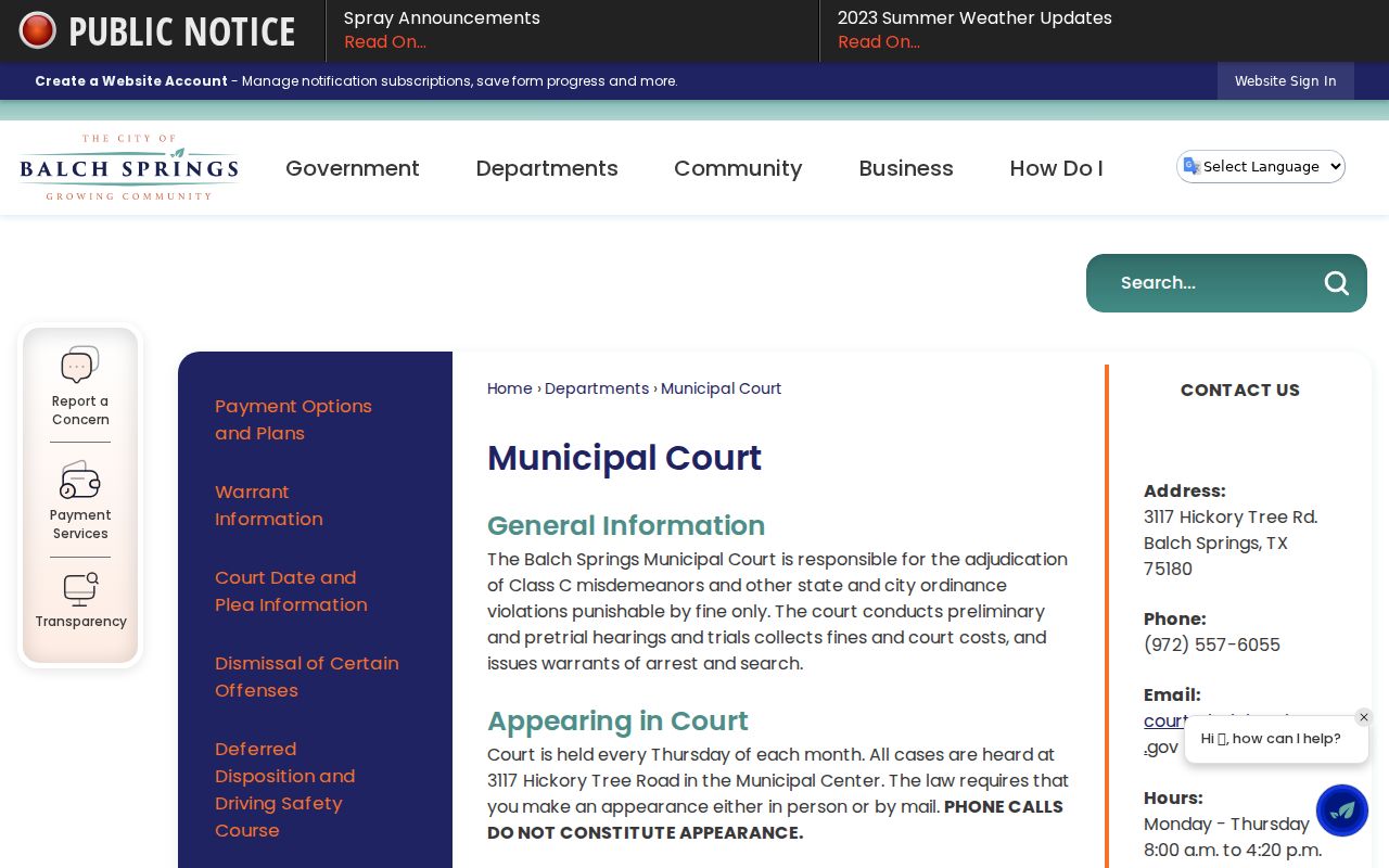 Balch Springs residents directory municipal court page