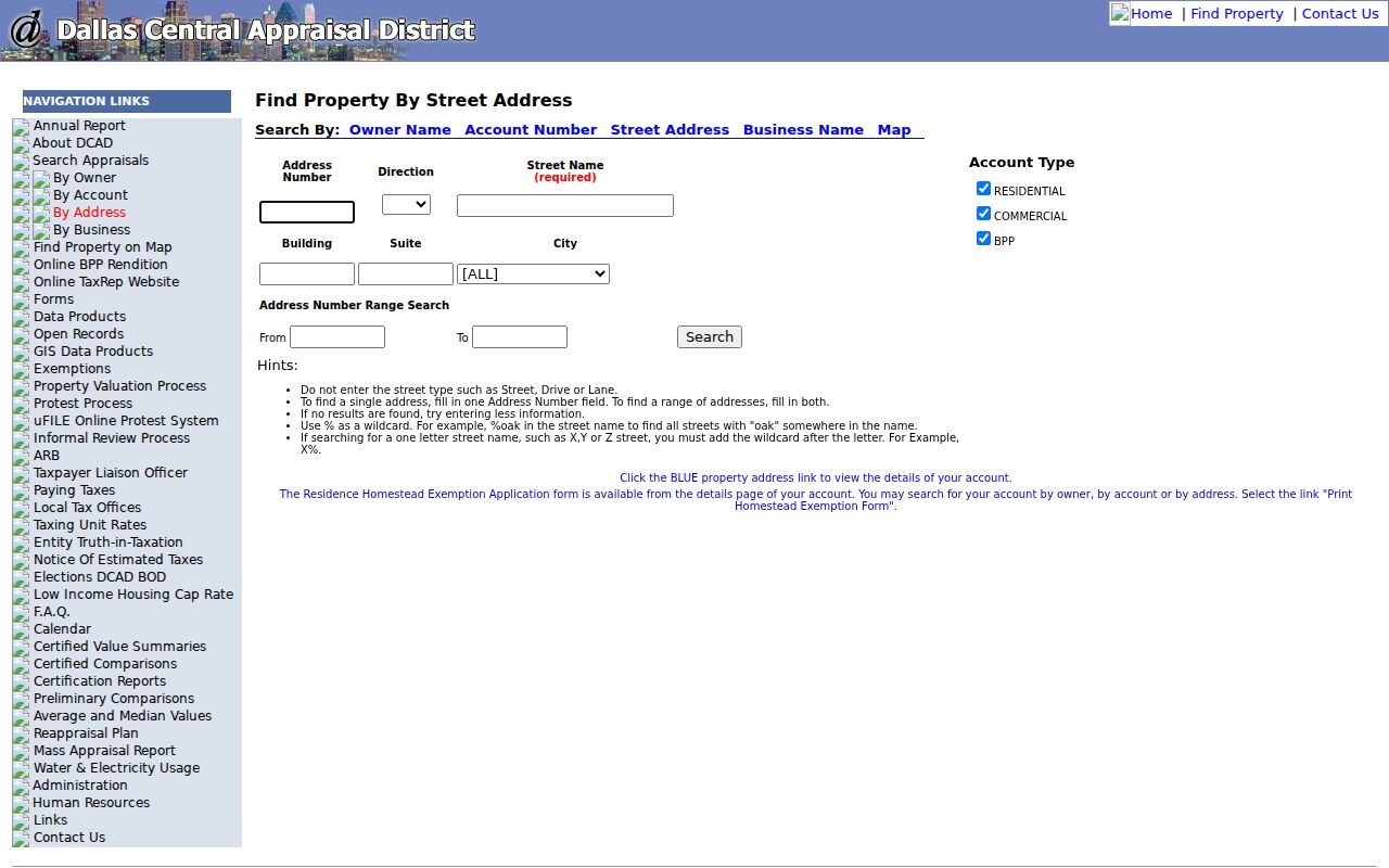 Balch Springs residents directory DCAD address search form