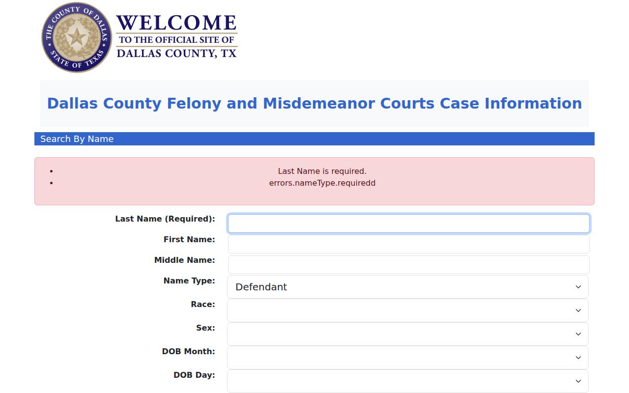 Balch Springs resident lookup view of the Dallas County criminal name-search form